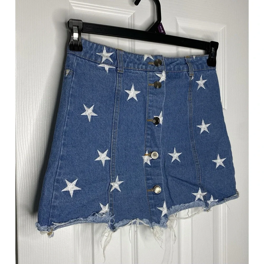 Sans Souci Women's A Line Denim Star‎ Pattern Skirt Blue Size Small